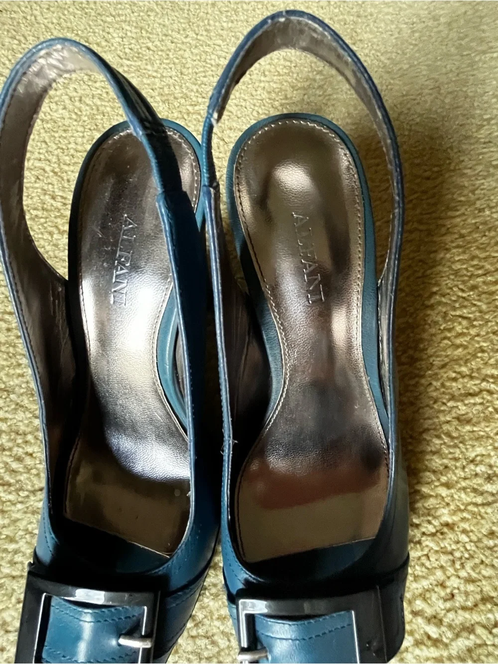 Alfani Vintage Y2K Teal Blue Slingback Peep-Toe Pumps with Black Buckle